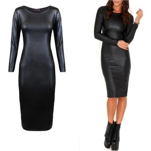 Fashion Sexy Women Black PU Dress Faux Leather Bandage Long Sleeve O-Neck Midi Dress Clubwear Bodycon Cocktail Party Dress XXL