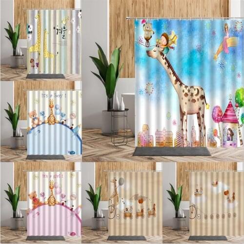 Cartoon Animals Baby Shower Curtain Cute Giraffes Bear Waterproof Bathroom Bath Decor Child Backdrop Fabric Curtains For Bedroom