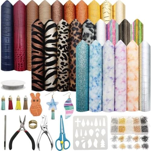 26Pcs Leather Earring Making Kit,11 Styles Faux Leather Sheets with Earring Hooks&Tools,Template for Making Hair Bows