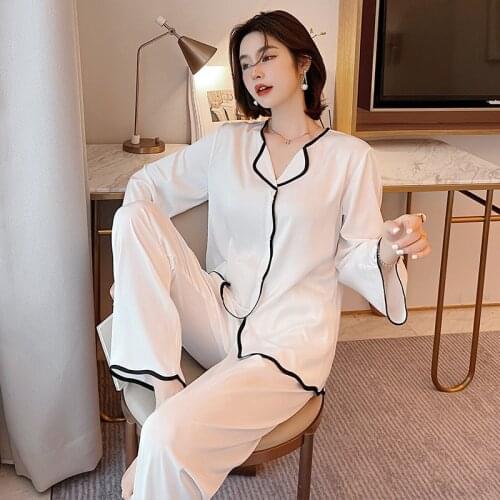 New Pajamas Set Ladies Long-sleeved White Pink Color Sleepwear Nightgowns for Sleeping Thin Ice Silk Air-conditioning Suit Woman