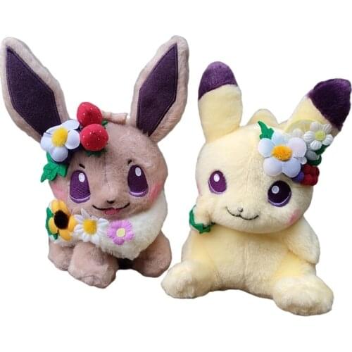 Original Authentic Japan Anime Games Pokemon eries Pikachu&Eevee Limited Flower Plush Doll Stuffed Toy 18cm