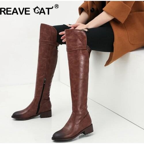 REAVE CAT 2020 Women Over The Knee High Boots Square High Heel Women Shoes Platform Winter leather shoes Women Boots big Size 46
