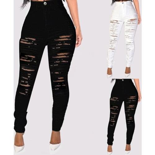 Versatile fashion pants, pierced jeans pants, slim fit, high waist, pure color womens jeans, new style in spring and summer