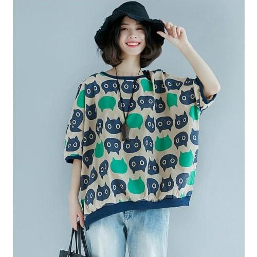 High Quality Cotton Linen T-Shirts Woman Loose Round Neck Summer Top Femme Short Sleeved Cartoon Cute Tee Shirt Femme Casual