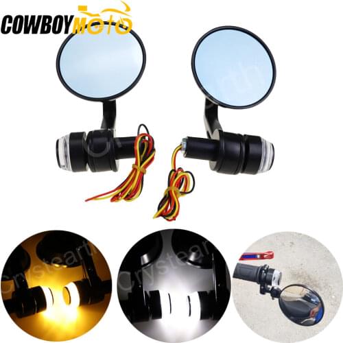 7/8" Round Motorcycle Rear View Mirrors Motorbike Handle Bar End Rear View Mirrors With LED Turn Signals Black Cafe Racer Mirror