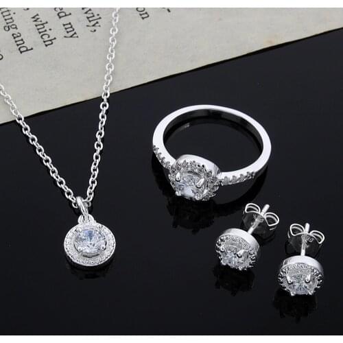 Womens Fashion silver plated jewelry sets Necklace/Earrings/Ring Luxury AAA zircon wedding jewelry set for bridal drop shipping