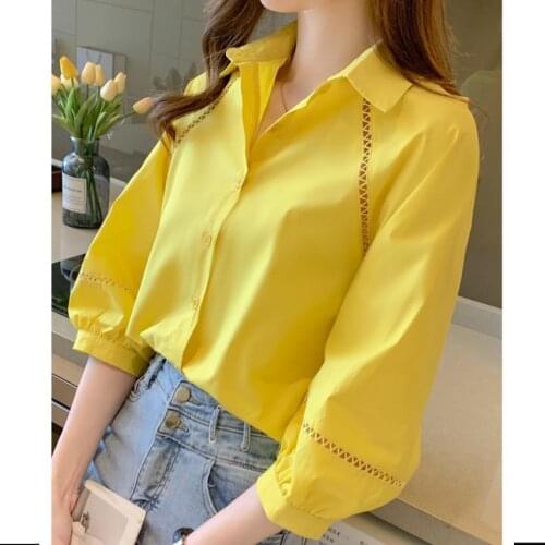Summer Fashion Women Casual Shirts Loose Lantern Sleeve Korean Commuting Temperament Shirt Top Blouse White Yellow
