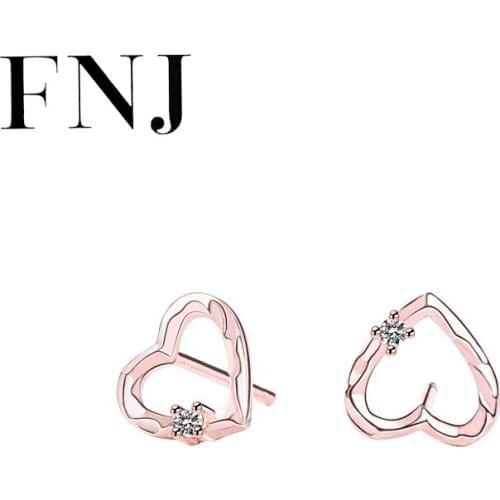 FNJ Heart Earrings 925 Silver Jewelry Original Pure S925 Sterling Silver Stud Earring for Women