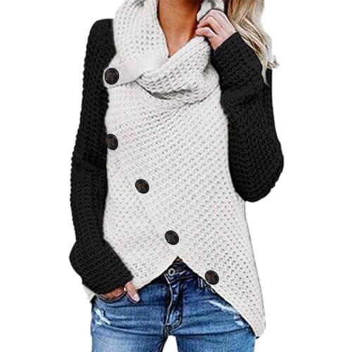 Women Turtleneck Knitted Sweaters Autumn Winter Solid Irregular Hem Long Sleeve Pullover Jumper Fashion Button Loose Sweater