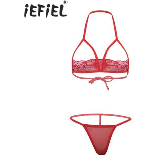 Women Lace Hallow Out Lingerie Outfits Ladies Open Cup Sexy Bra Tops with Low Rise Stretchy Thong Exotic Apparel for Nightclub