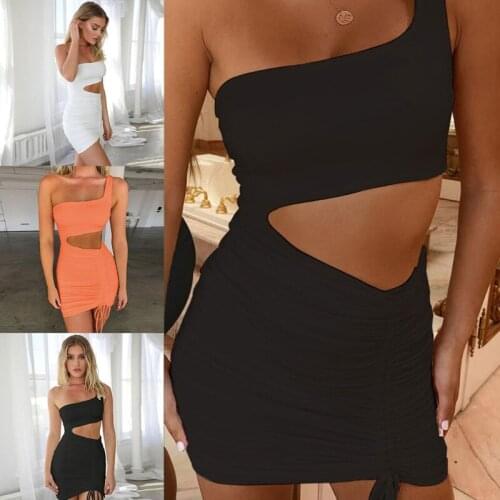 Null Women Summer Sexy One Shoulder Sleeveless Cutout Mini Bodycon Dress Solid Color Ruched Drawstring Tie Front Backless Beach