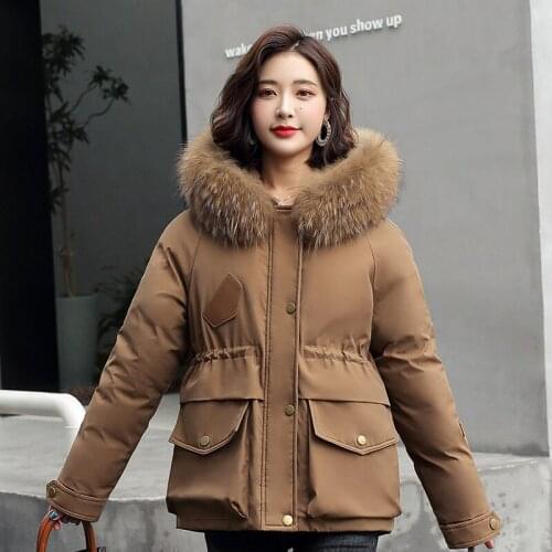 Large Fur Collar Winter Female Jackets Plus Size Thicken Hooded Ladies Coat Solid Casual Womans Short Padded Wool Liner Jacket