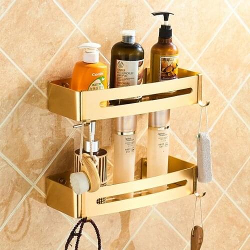 Gold Bathroom Shelves Rectangle Shower Caddy Space Aluminum Shelf with Two Hooks Wall Mounted 1/2/3 Tier Storage Self Adhesive