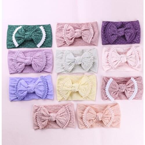 10pcs/lot Polka Dot Bows Wide Nylon Headbands With Lace Trims,Newborn Baby Girls Soft Nylon Hairbands,Kids Girls Bows Headwraps