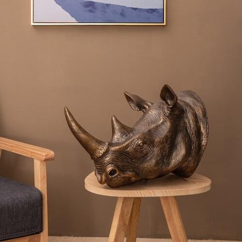 50cm Retro Gold Copper Color Animal Head Wall Hanging Decor Hotel Room Home Rhinoceros Head Statue Pendant Accessorise Gift