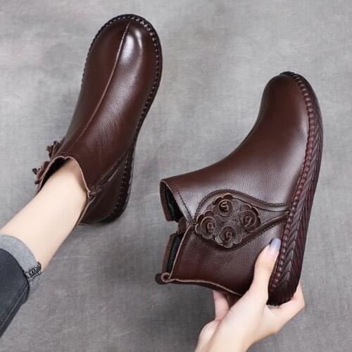 Tilocow Rubber Women Winter Boots Cow Leather Soft Bottom Female Shoes Retro Wedges Platform Ankle Boots Woman Flat With Flower