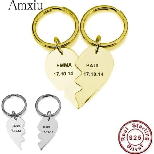 Amxiu Custom 2 Pieces 925 Silver Heart Keychains Engrave Name Pendant Key Chains Lovers Womens Day Gifts Personalized Jewelry