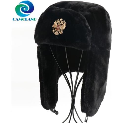 CAMOLAND Soviet Army Military Badge Russia Ushanka Bomber Hats Women Men Winter Warm Faux Fur Earflap Hats Trapper Snow Caps