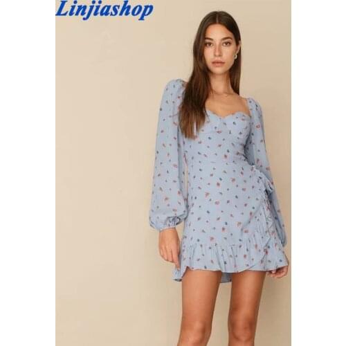 Elegant Red Floral Print Chiffon Blue Vestidos Retro Long Sleeve Side Bandage Dresses Vintage Ruffles Dress