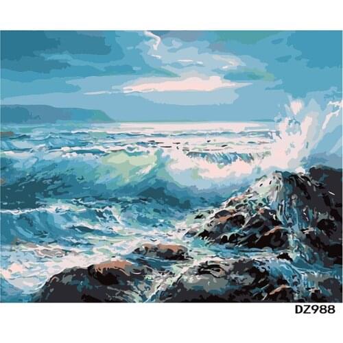Painting By Numbers DIY Dropshipping 50x65 60x75cm Sea Wave rock Haitian lin Scenery Canvas Wedding Decoration Art picture Gift