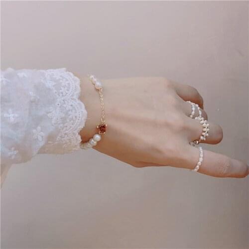 Korean Retro Red Heart Shape Crystal Natural Freshwater Pearls 14K Gold Plated Beaded Bracelets Women Fashion Jewelry YBR578