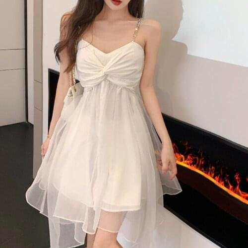 First love temperament small dress summer French super fairy chain sling irregular design sense mesh fairy dress2021 new fashion