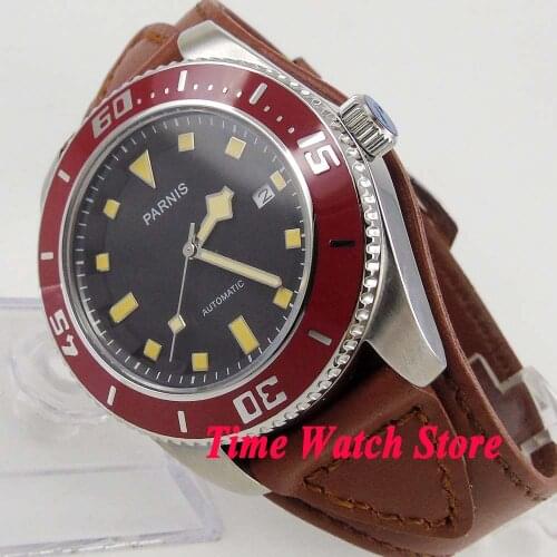 43mm parnis 21 jewels MIYOTA mens watch black dial yellow sapphire glass leather strap Automatic wrist watch men 591