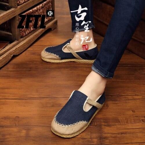 ZFTL Mens cloth shoes Chinese traditional handmade Linen shoes monk shoes Summer men straw linen shoes male sneakers