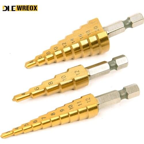 Drill Bit Set 3pcs 3-12mm 4-12mm 4-20mm Large HSS Steel Step Cone Drill Countersink Titanium Bit Set Hole Metal Hole Cutter