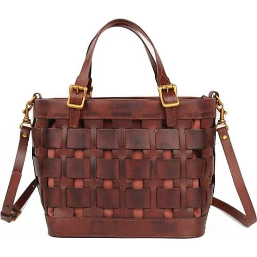 2020 new fashion women summer cowhide knitting handbags soft totes with strap shoulder bag