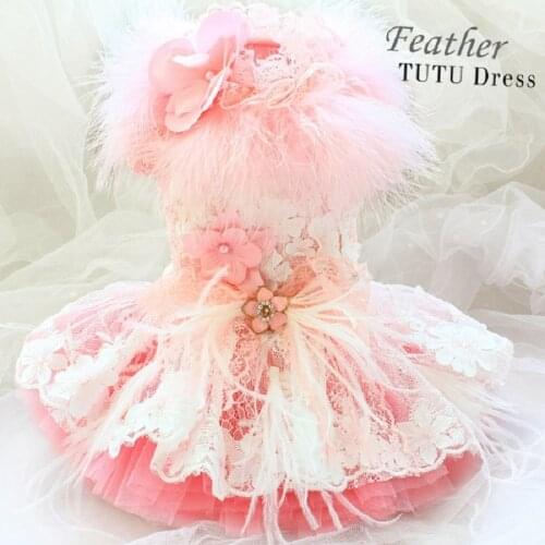 Free Shipping Handmade Dog Clothes Pink Swan Princess Dress Luxurious Feather Lace Gorgeous Tutu Pet Outfit Poodle Yorkie
