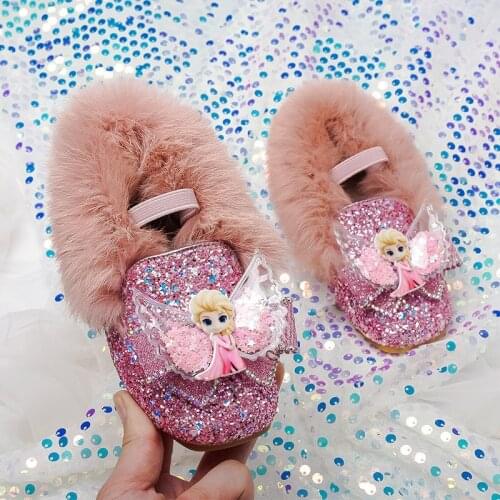Disney girls plush shoes winter new elsa princess shoes plus velvet warm sequins little girl single casual shoes