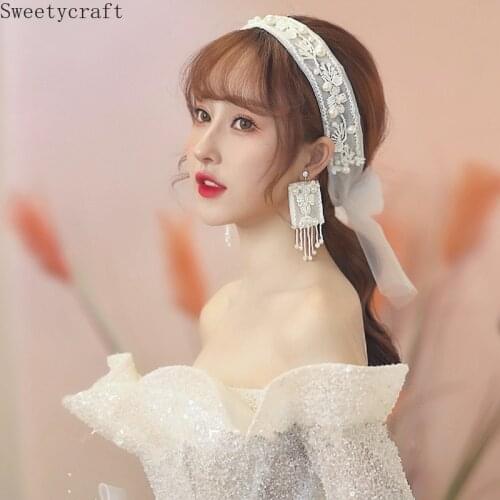 New 2021 Bridal Headwear Pearl Bead hair band bride headdress hair hoop earring set wedding jewelry bridesmaid gift accessories