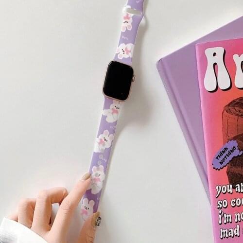 Cute rabbit strap is suitable for Apple Watch 6 strap 44 40 42 38mm glossy silicone strap is suitable for iwatch 4 series 6 SE 5