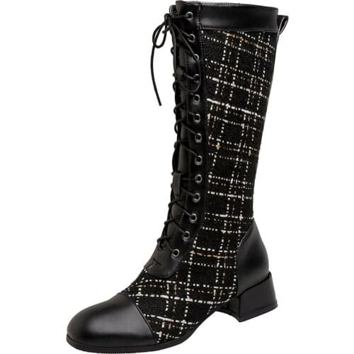 Plush Thick High-Heeled Cross-Lace Knight Boots Checkerboard Woven Tweed Lattice Imported Pattern Stitching PU Knee Boots