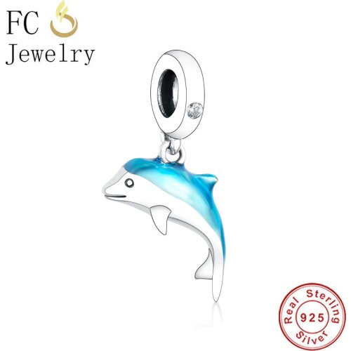 FC Jewelry Fit Original Brand Charm Bracelet 925 Silver Authentic Blue Enamel Animal Dolphin Bead For Making Berloque 2020 NEW