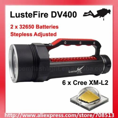 LusteFire DV400 6 x Cree XM-L2 White / Neutral White 5000 Lumens Stepless Adjusted LED Diving Flashlight - Black ( 2x32650 )