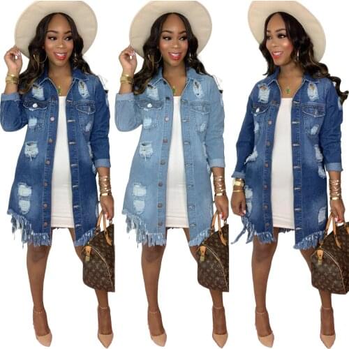 Spring New Style Denim Jacket Womens Solid Color Ripped Hollow Air Clause Denim Windbreaker Casual Long-sleeved Lapel