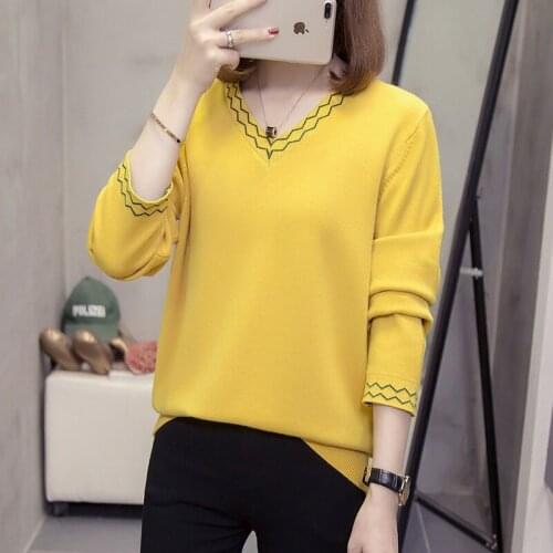 WEIHAOBANG 2021 New Autumn Winter Womens V-neck Pullover Solid Color Knitted Sweater Large Loose Long Sleeve Sweater