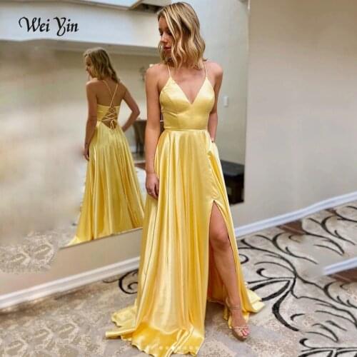 Weiyin AE0608 Yellow Prom Dresses Long Luxury Satin A-line Formal Vestido De Festa For Women Cross Backless Evening Dress