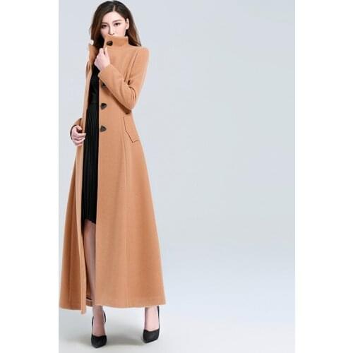 Women Winter Slim Fit Super Long Woolen Coat Stand Collar Windbreaker Jacket Wool Blends Office Ladies Outwear Coats Sobretudo