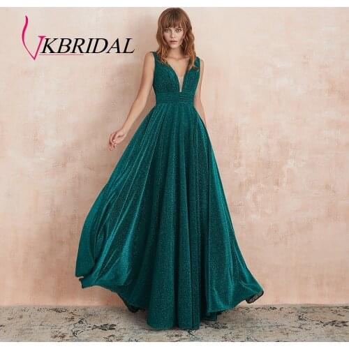 VKBRIDAL Sparkle Elegant Evening Dresses 2019 Green Formal Gown Long Sexy Deep V Shiny Prom Dresses Floor Length Robe De Soiree