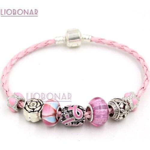 1PC Breast Cancer Awareness Jewelry, European Lampwork Murano Bead Pink Ribbon Bracelet Breast Cancer Pink Ribbon Bracelets