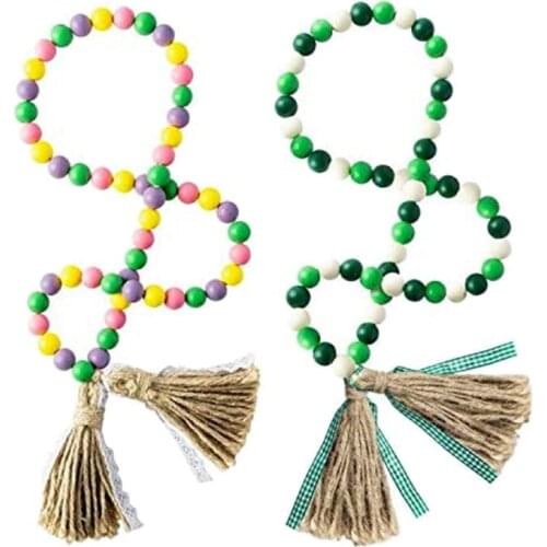 2Pcs Wood Beads Garland,42Inch Tassel Garland Farmhouse Rustic Beads with Jute Rope Plaid Tassel DéCor for Home