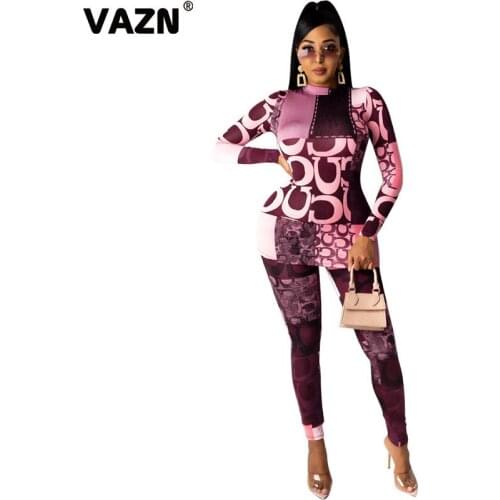 VAZN 2020 Top Quality Free Sexy Retro Soft Elastic Turtleneck Full Sleeve Group Long Pants Tracksuits Skinny Women 2 Piece Set