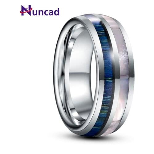 8mm Blue Wood Grain White Shell Dome Tungsten Carbide Ring Mens Fashion Wedding Jewelry Gift AAA Quality