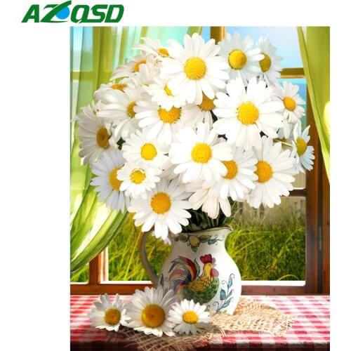 AZQSD Full Set Diamond Painting Daisy Vase Diamond Embroidery Cross Stitch Flower Diamond Mosaic Rhinestones Home Decor