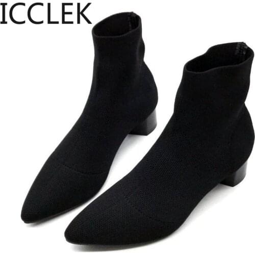 Womens Boots Pointed Toe Yarn Elastic Ankle Boots Thick Med Heels Shoes Woman Female Socks Boots 2020 Autumn