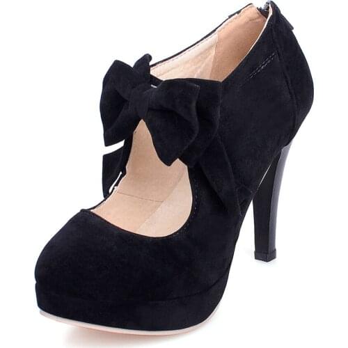 Black High Heels Suede Platform Round Toe Mary Jane Bow-Adorned Shoes