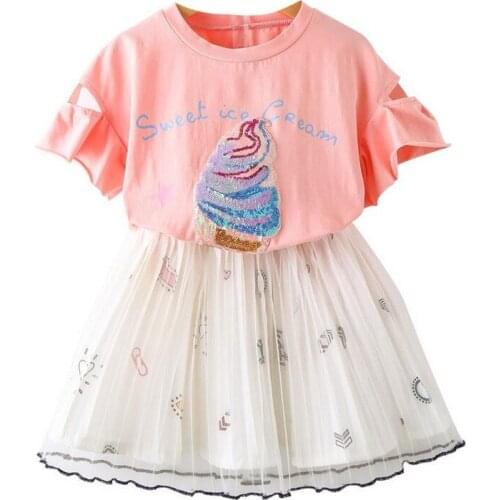 DFXD Kids Clothes Summer Girl Set 2018 New Arrival Pink Short Sleeve Ice Cream Sequins Cotton T-shirt+Pleated Cartoon Skirt Set